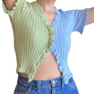 Verge Girl V-neck Color-block Ruffle Rib Knit Crop